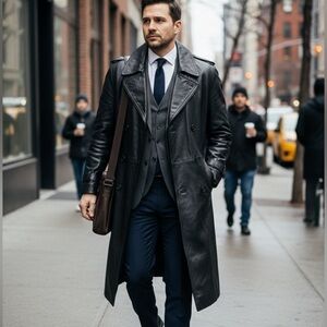 Men's Black genuine Leather Trench Coat size 44